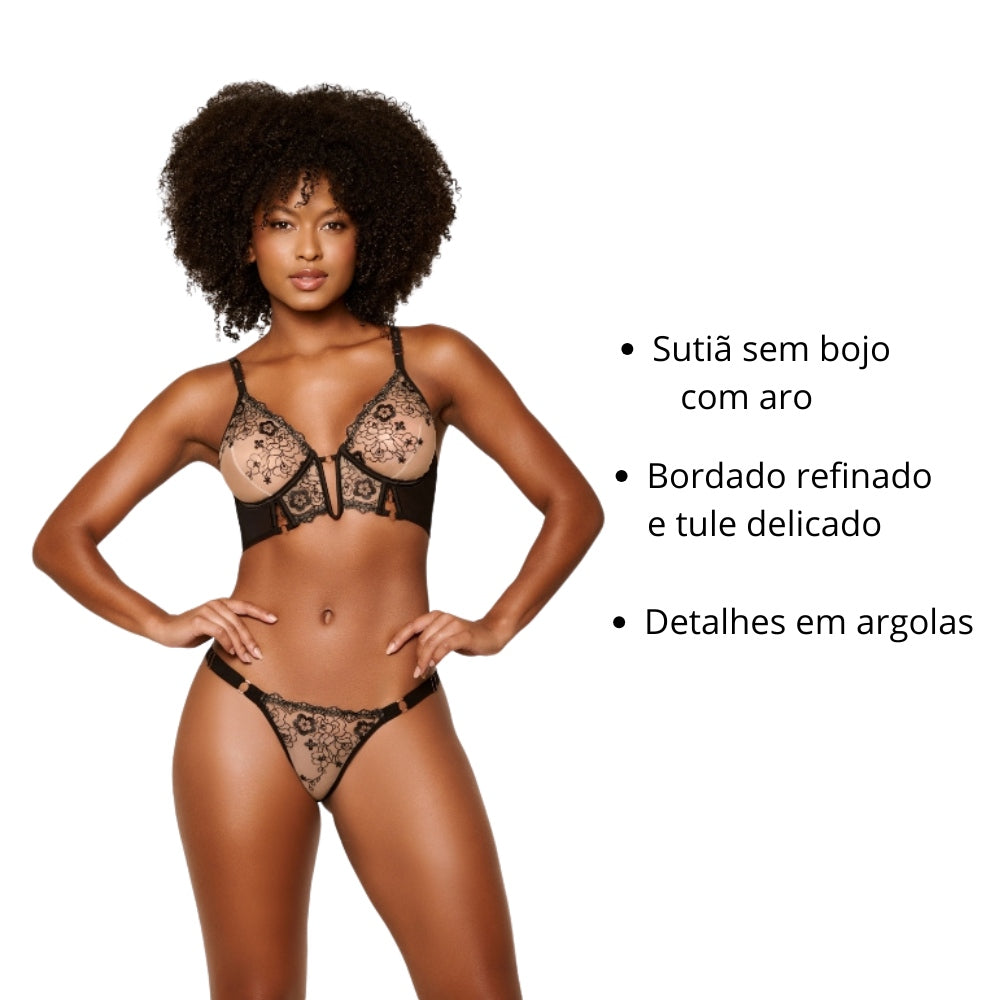 Conjunto de Lingerie de Luxo com Tule Bordado com Aro sem Bojo