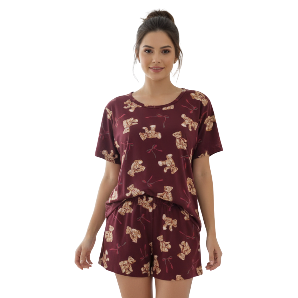 Pijama Feminino Curto Manga Verão em Suede