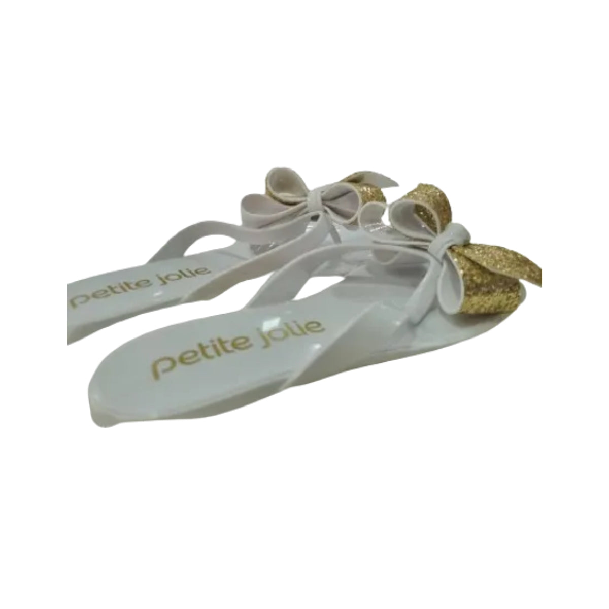 Chinelo J-Lastic Branco com Laço Duplo em Glitter Dourado Petite Jolie