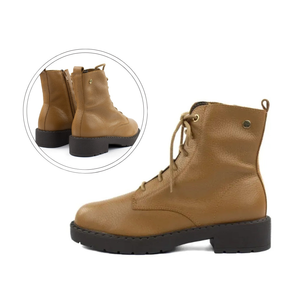 Coturno Camel em Couro com Salto Tratorado