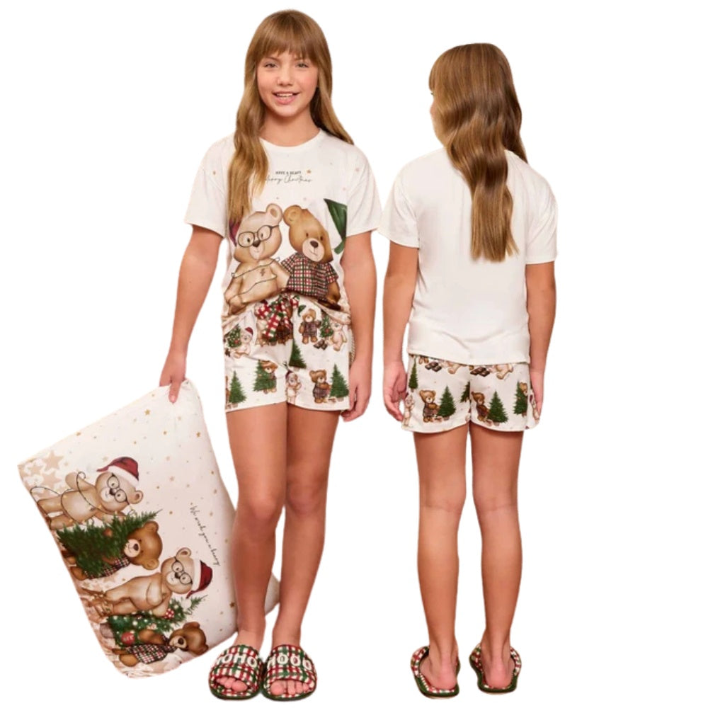 Pijama Curto Infantil Feminino Especial Natal Bears Wishes em Sublime Touch