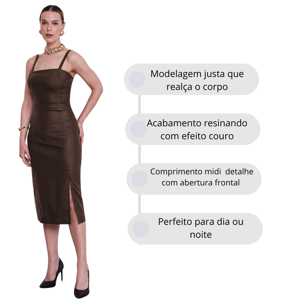 Vestido Midi Justo Resinando Efeito Couro Perfeito para Dia ou Noite  - Ilícito