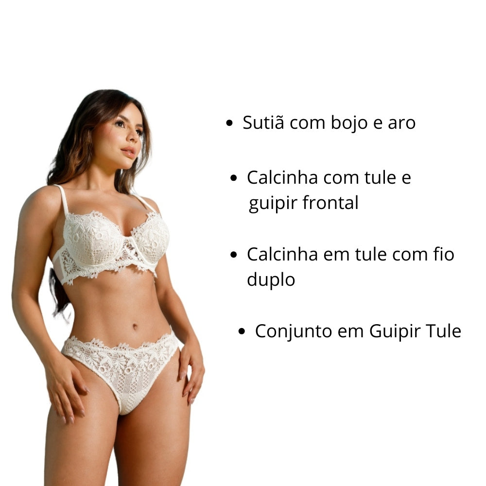 Conjunto de Lingerie de Luxo na Cor Champanhe em Guipir e Tule