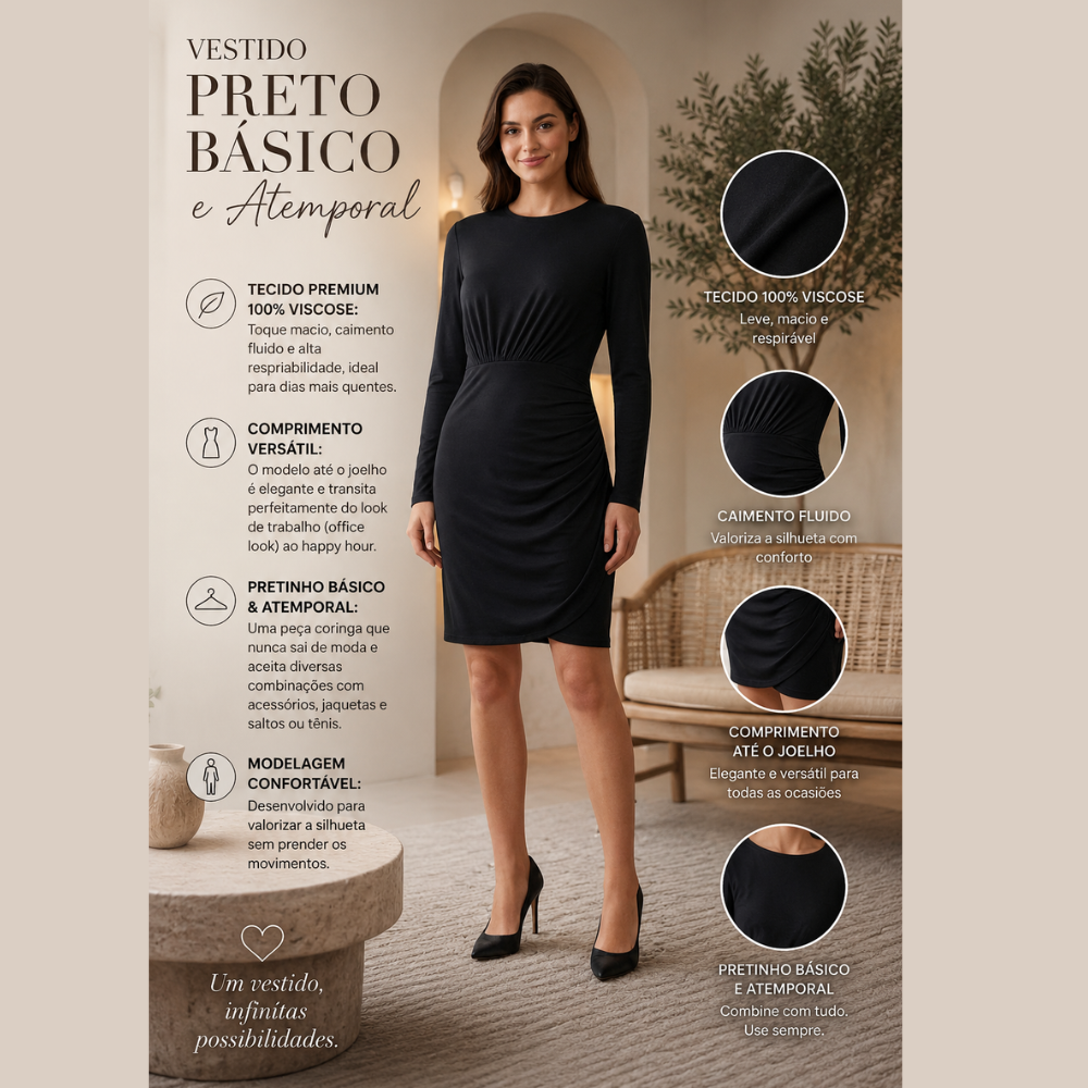Vestido Preto de Viscose Midi Médio: Elegância e Conforto