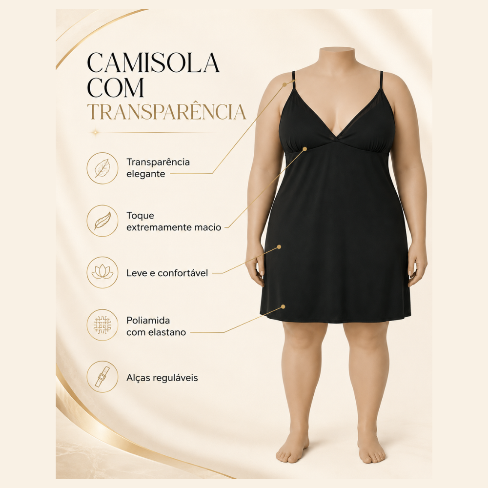 Camisola Feminina Preto com Alças Reguláveis e Toque Gelado e Transparência
