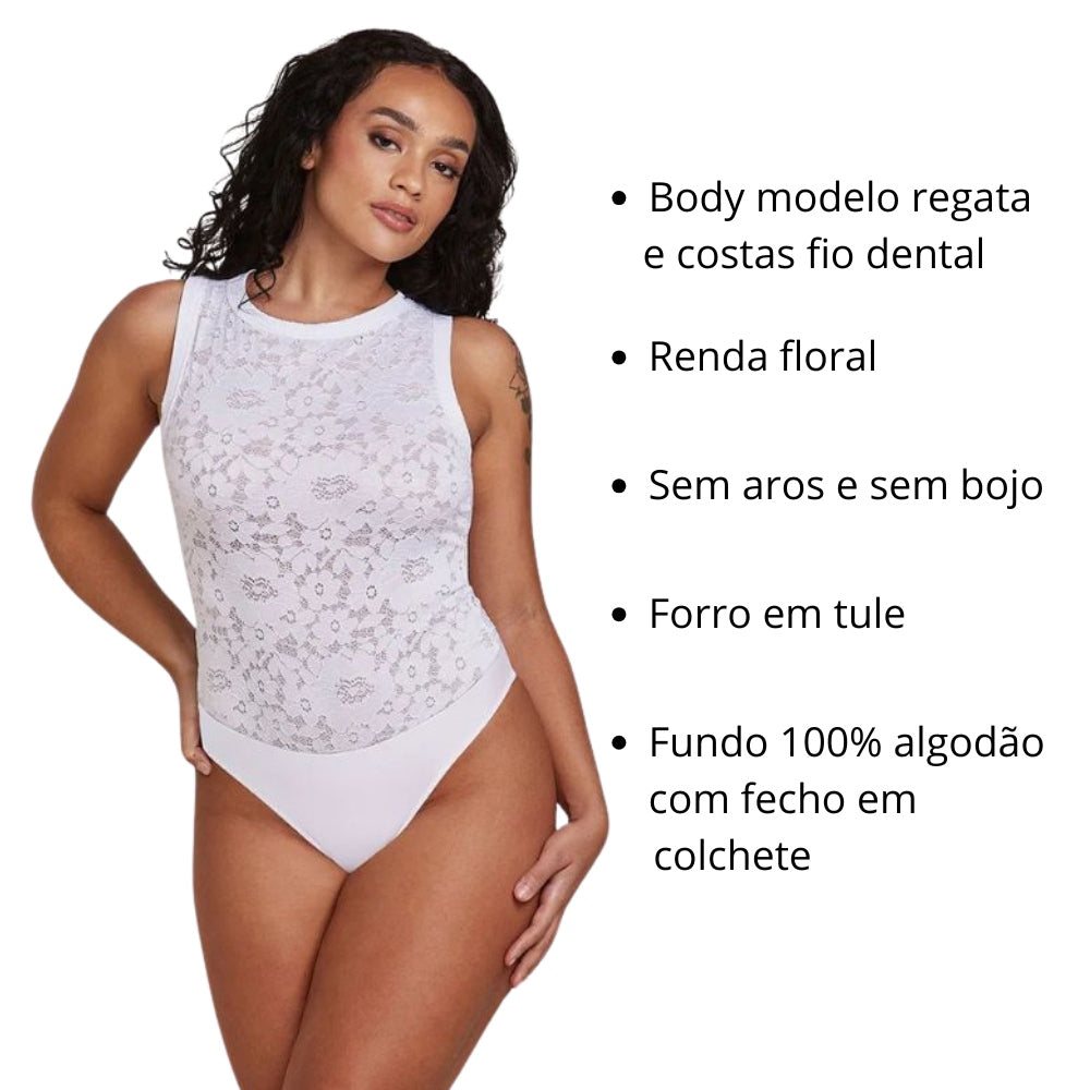 Body Regata Fio Dental Em Renda Floral