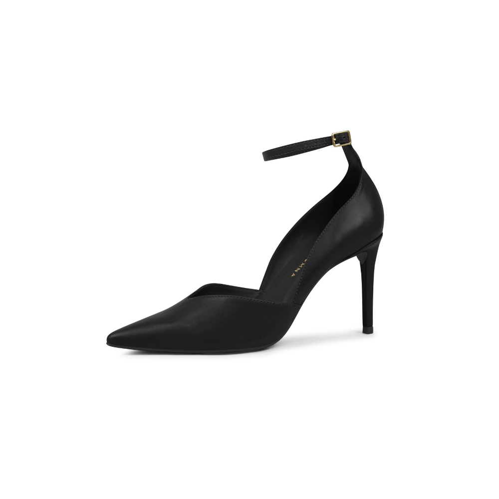 Scarpin Feminino em Couro Bico Fino V com Fivela no Tornozelo
