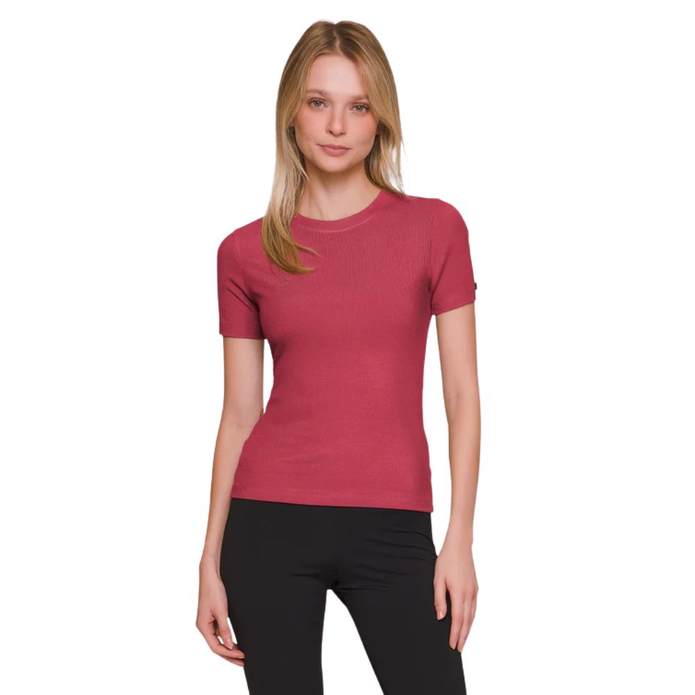 Blusa Feminina Manga Curta com Tecido Canelado e Decote Redondo Basic Mood em Mini Canelado Stretch