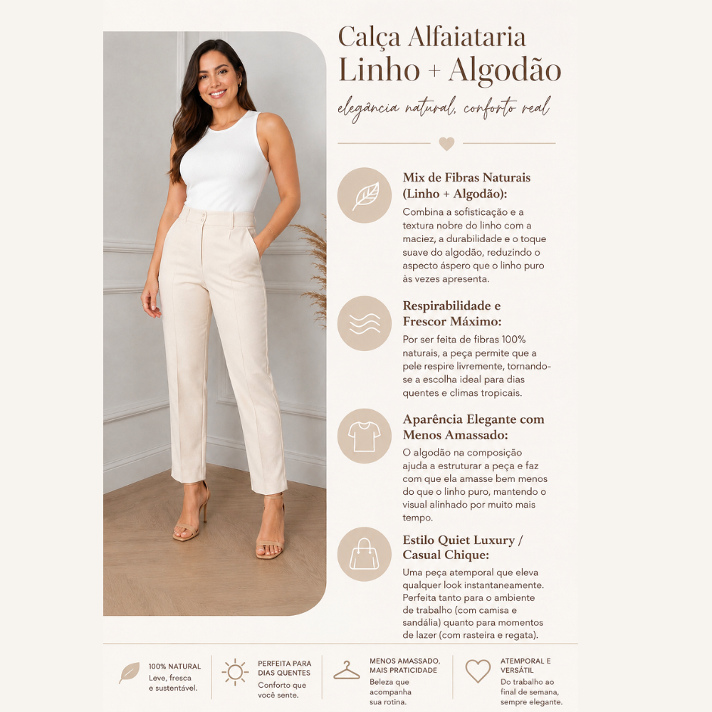 Calça Feminina Linho e Algodão Estilo Leve e Casual