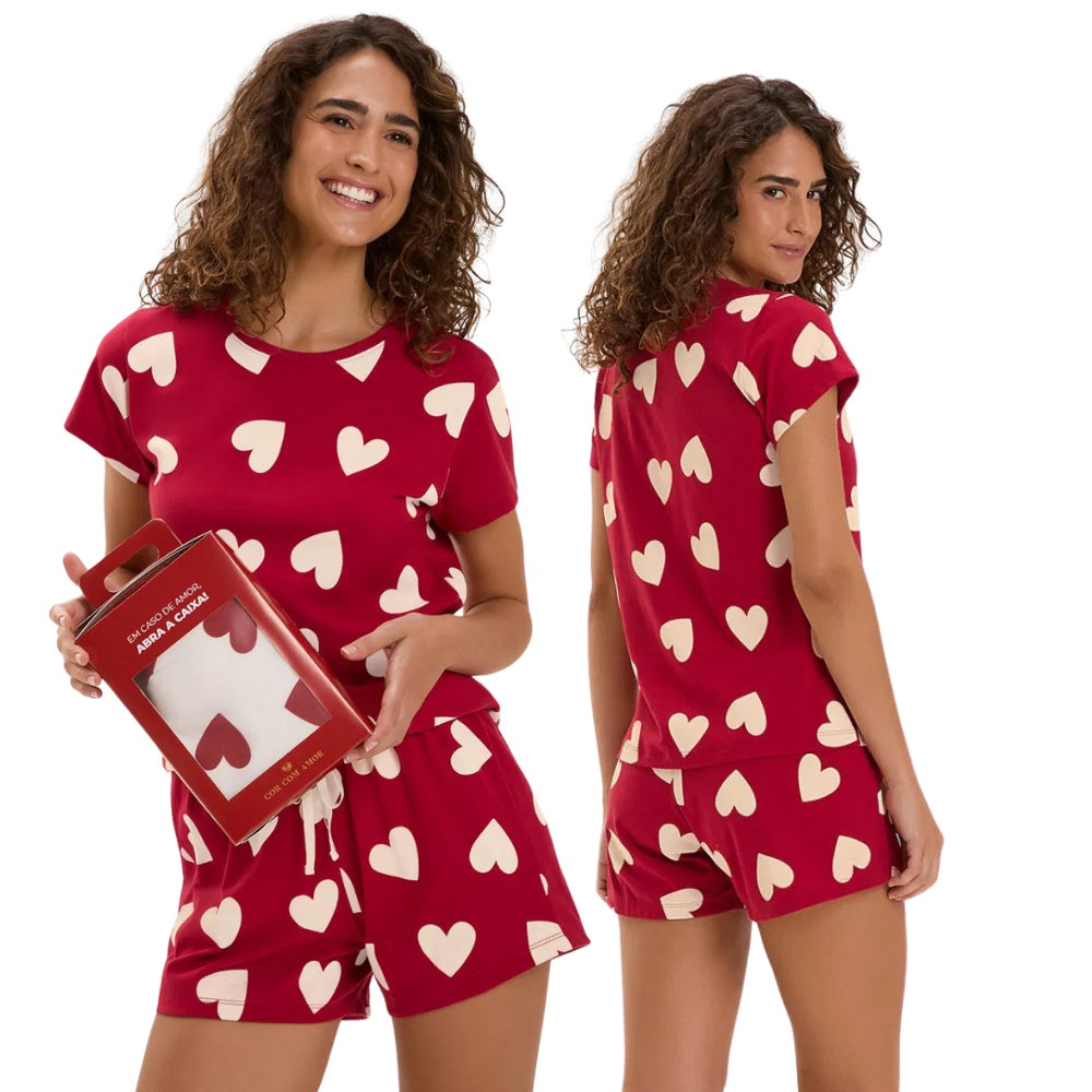 Pijama Feminino Manga Curta Com Shorts em Algodão