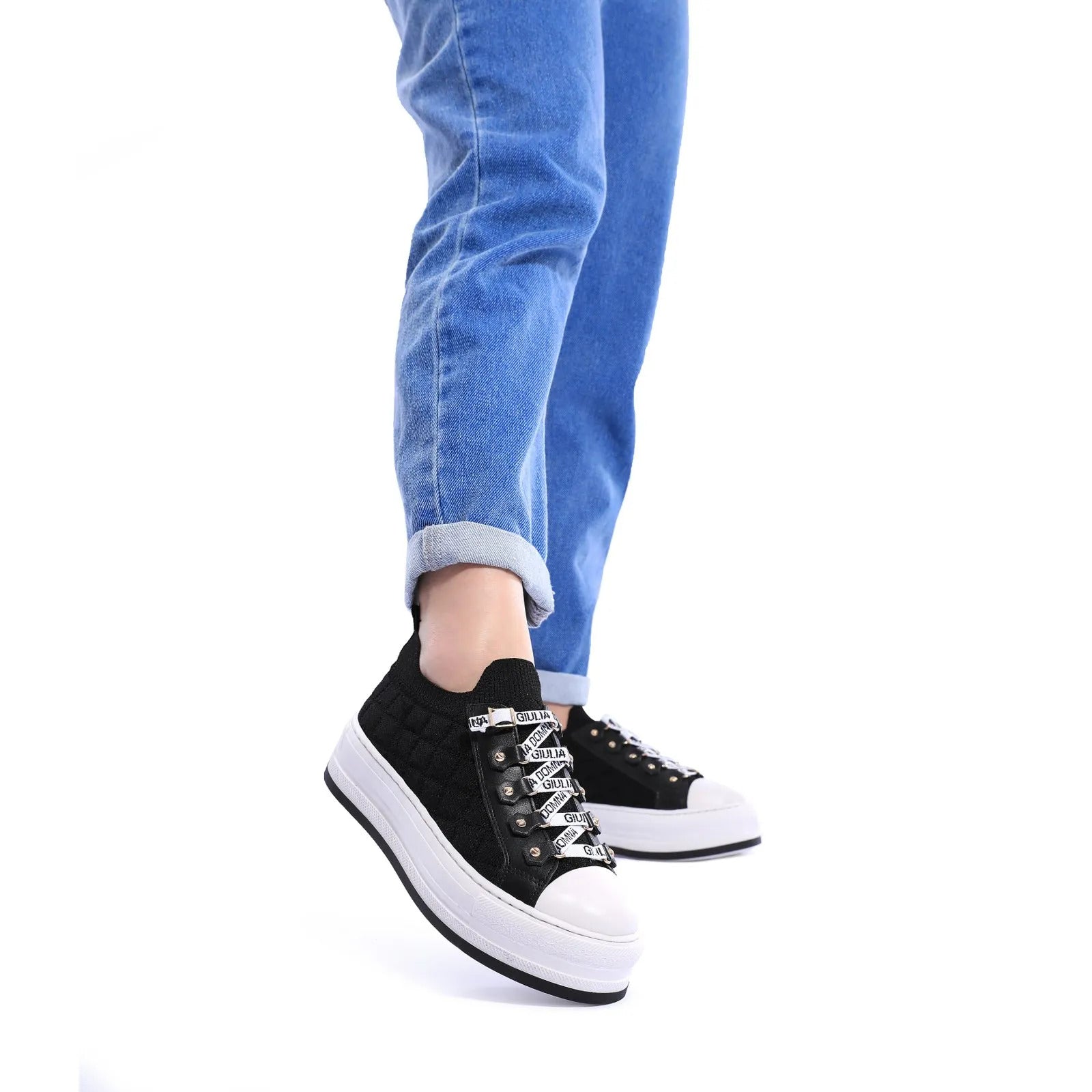 Tênis Knit Preto Solado Alto Giulia Domna