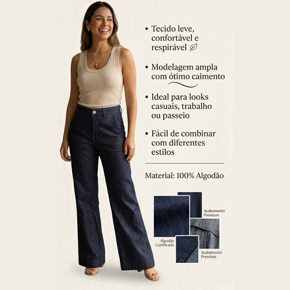 Calça Feminina Pantalona Jeans 100% Algodão