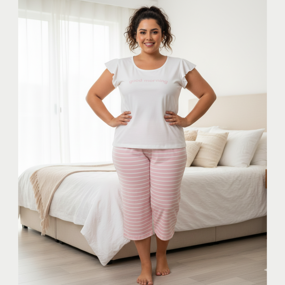Pijama Feminino Curto Manga Babado com Capri em Visco para o Verão