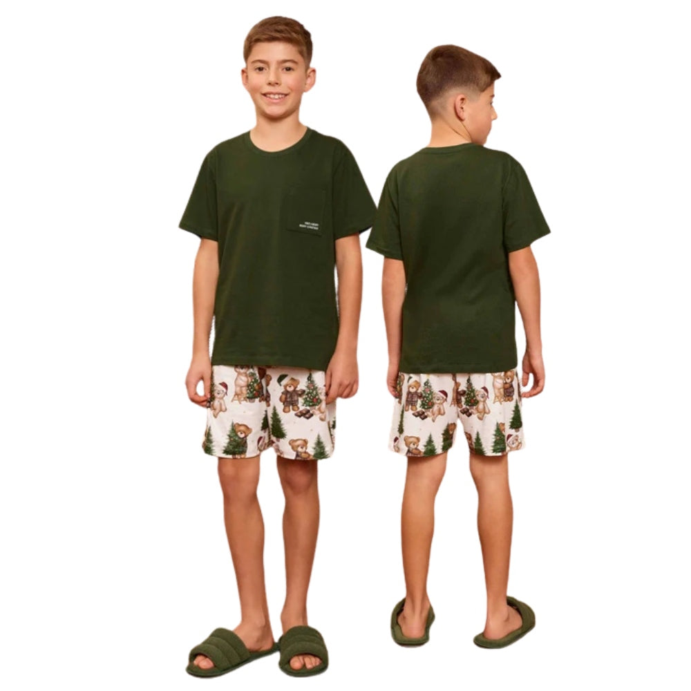 Pijama Curto Masculino Infantil Especial Natal Bears Wishes em Malha Soft Touch e Sublime Touch