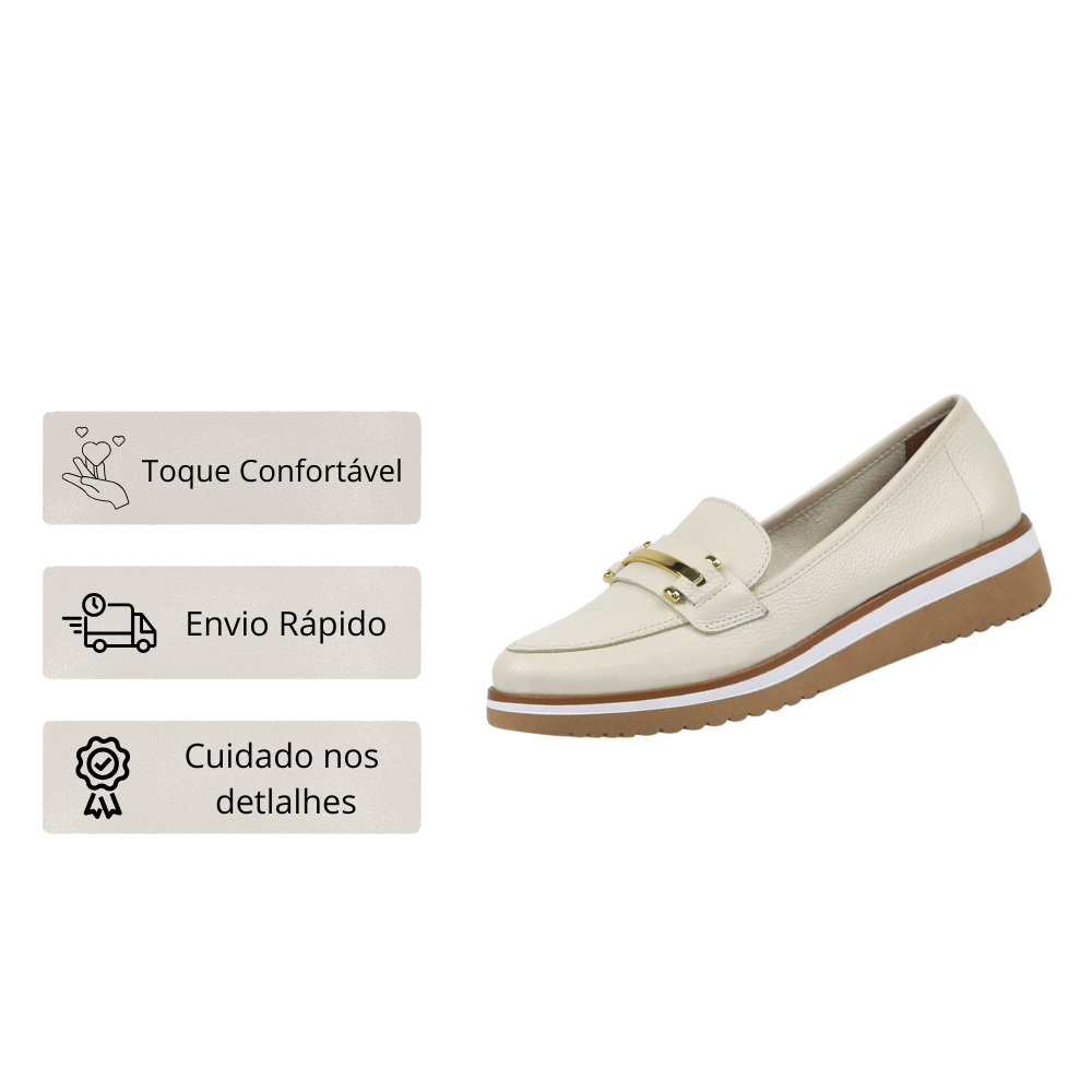 Sapato Feminino em Couro Mini Floater com Detalhe Dourado Frontal