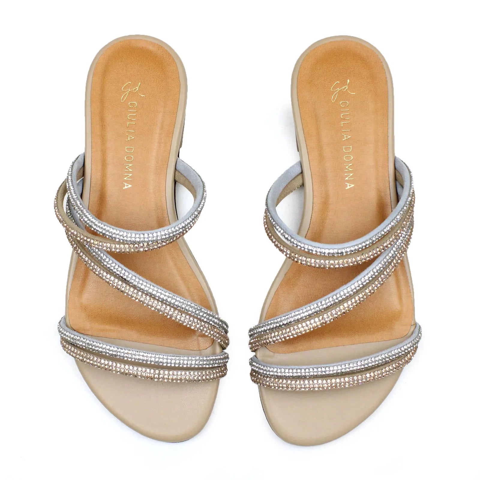 Sandália Rasteira Feminina Bege com Tiras em Strass