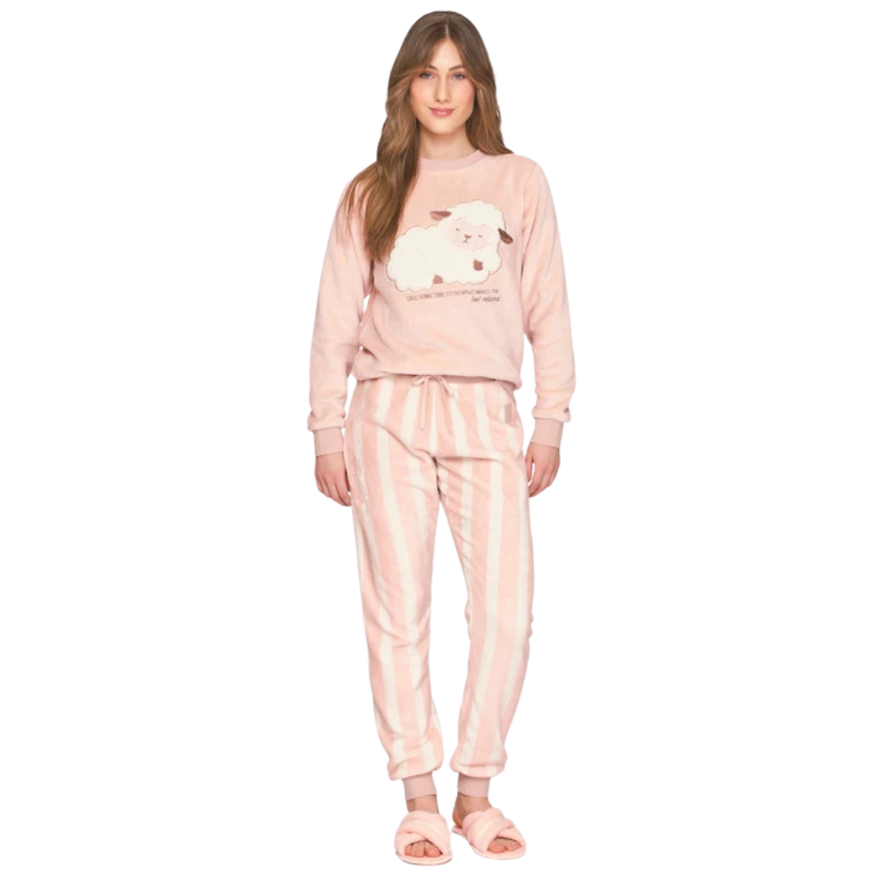 Pijama Feminino em Fleece com Bordado Counting Sheep