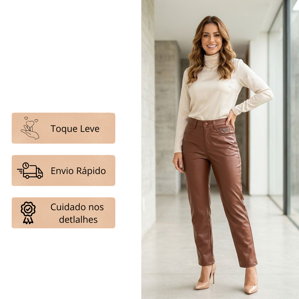 Calça Reta Feminina em Courino Coleção Outono Inverno - Detox