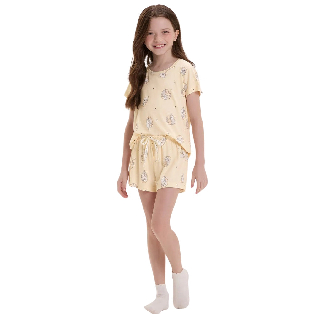 Pijama Infantil Feminino Manga Curta Com Shorts em Malha Visco Comfy