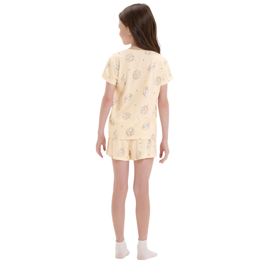 Pijama Infantil Feminino Manga Curta Com Shorts em Malha Visco Comfy