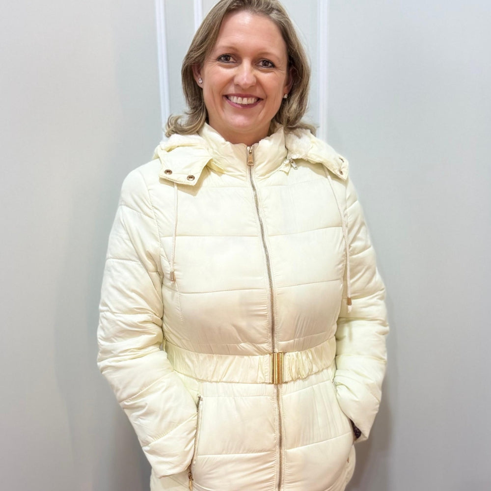 Jaqueta Alongada em Fibra com Pelo e Capuz Removível